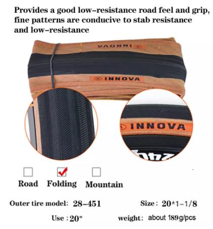 INNOVA 28-451 tissu pliant rétro pneu de vélo jaune jante pneu 20 × 1-1/8 Version de pneu pliant environ 189 g/pc