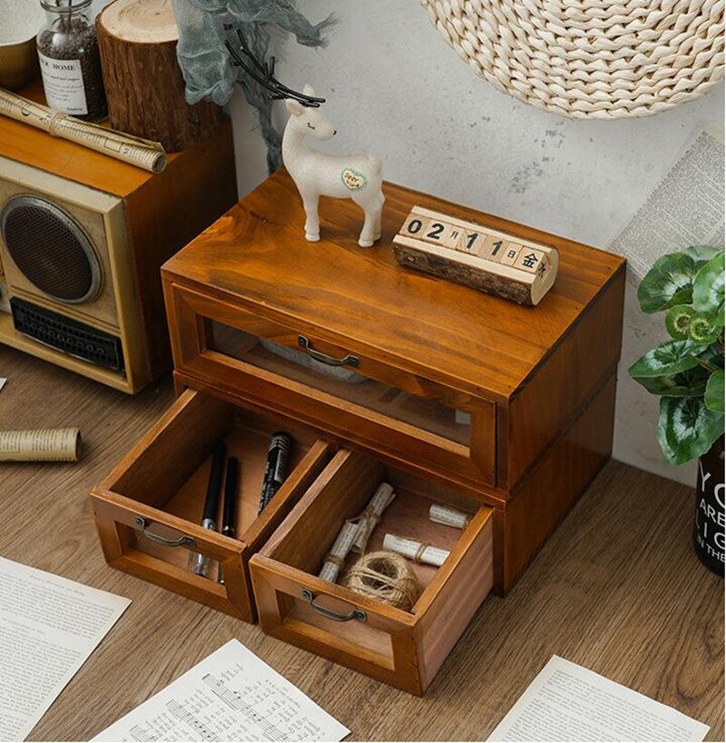 STOMMIHO Wooden Drawer Storage Box Computer Monitor Increased Shelf Office Desktop Storage Cabinet Dressing Table Organizer