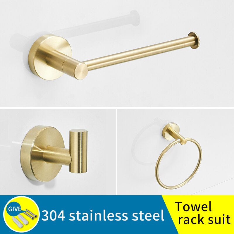 Juego de soporte para toallas de baño, soporte de pared de acero inoxidable dorado, barra de toalla, anillo, estantes de baño, ganchos del perchero para almacenamiento, soporte de pañuelos: Towel rack set-A