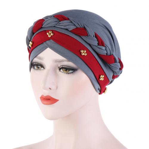 Kvinnor tvinnad flätad turban hatt hijab mössa pärlor håravfall huvudskydd huvudbonader huvudbonad hår styling tillbehör muslim halsduk: Vin rödgrå