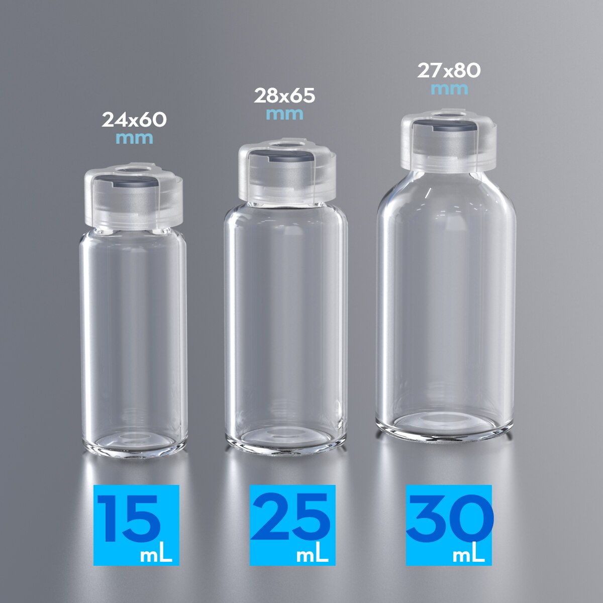 Mini botella de cristal de penicilina con tapón de goma y cierre anticizalla, frascos de vidrio de 3ml, 5ml, 7ml,10ml, 15ml, 20ml,25ml,30ml