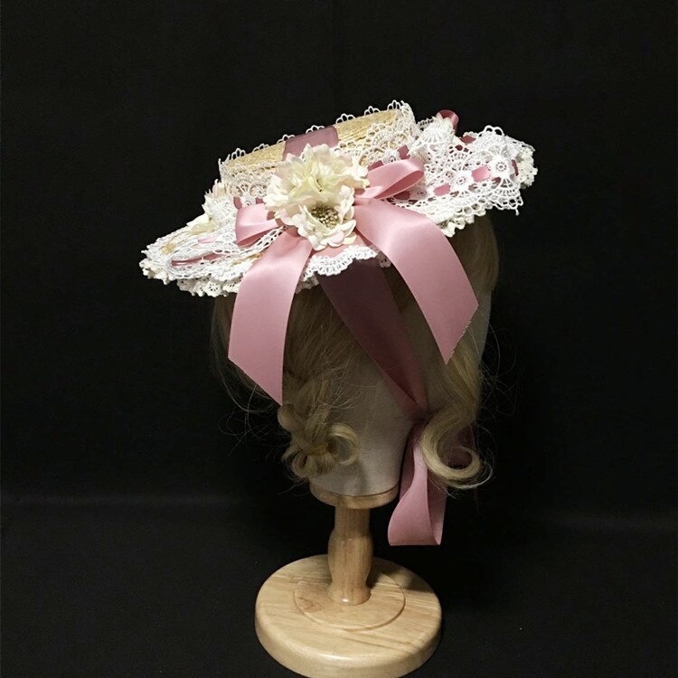 Cappello da donna fatto a mano in stile giapponese Lolita Mini cappello da sole in paglia copricapo nastro in pizzo fiore Cosplay Costume piatto cappello Fedora copricapo: Bean Powder