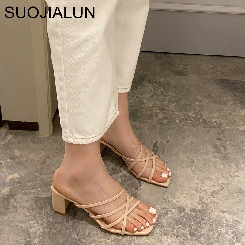 Suojialun smalband kvinnor tofflor dam högklackat sandal sommar utomhus öppen tå slides pumps