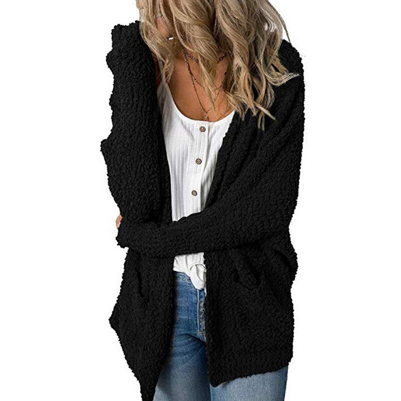 Las mujeres delgadas suéteres de Batwing manga larga Cardigan otoño punto cárdigan abierto por delante abrigo sudadera con bolsillos de chaqueta: Black / M