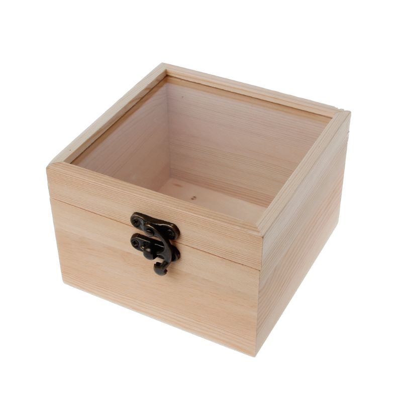 Glass Top Display Box Unfinished Natural Wooden Square Jewelry Storage Package