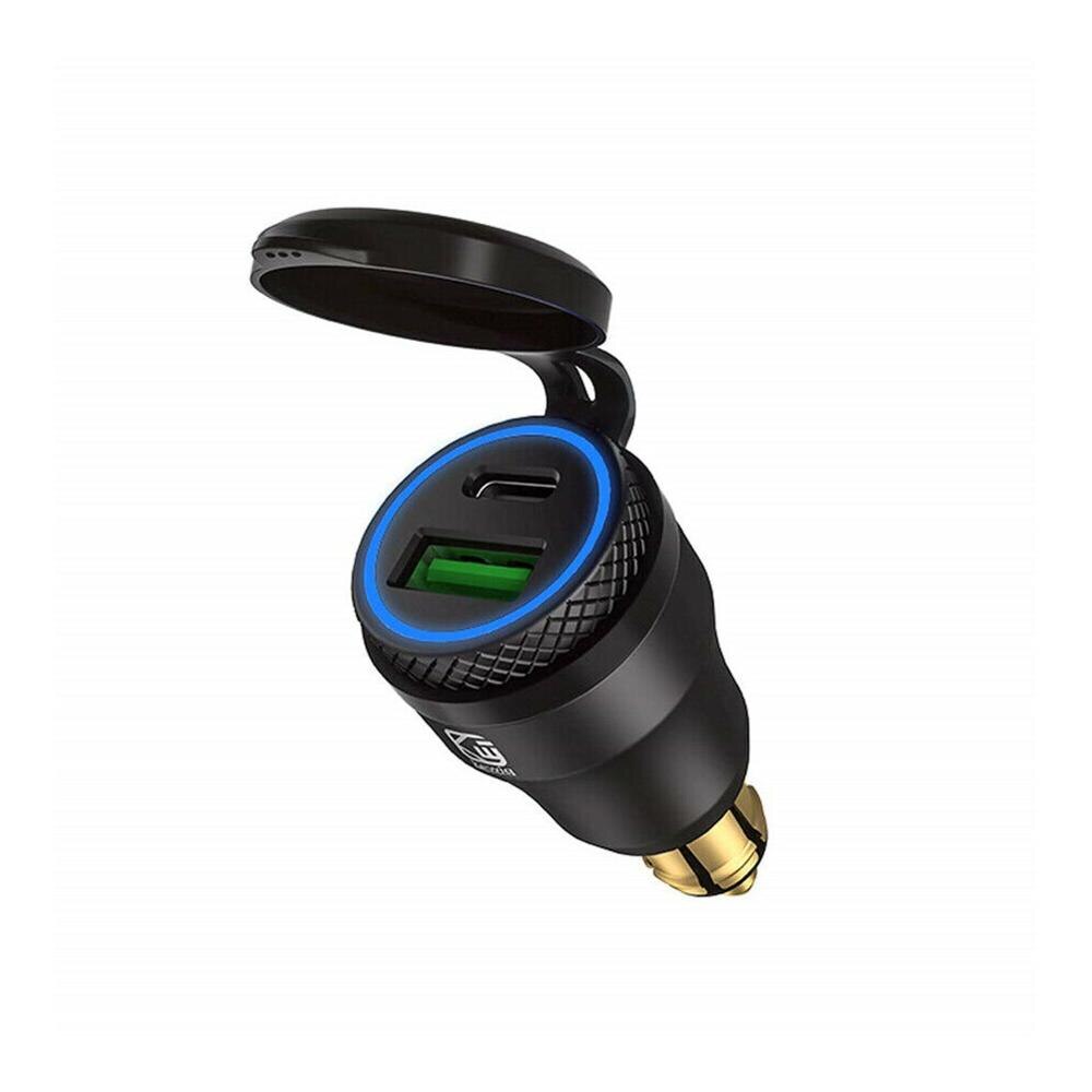 Carcasa metálica de aleación de aluminio para motocicleta, Cargador USB tipo C, voltímetro de 12-24v, para BMW, motocicleta, Hella, Din, rojo y azul: Black Blue Light