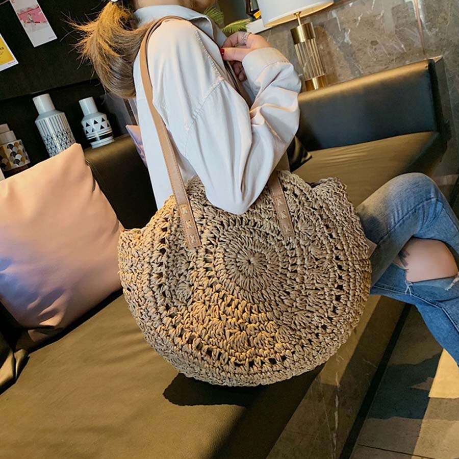 20# Summer Beach Large Capacity Bags Women's Retro Woven Shoulder Bag Floral Handbag Woven Bag Ladies Beach Straw Bags