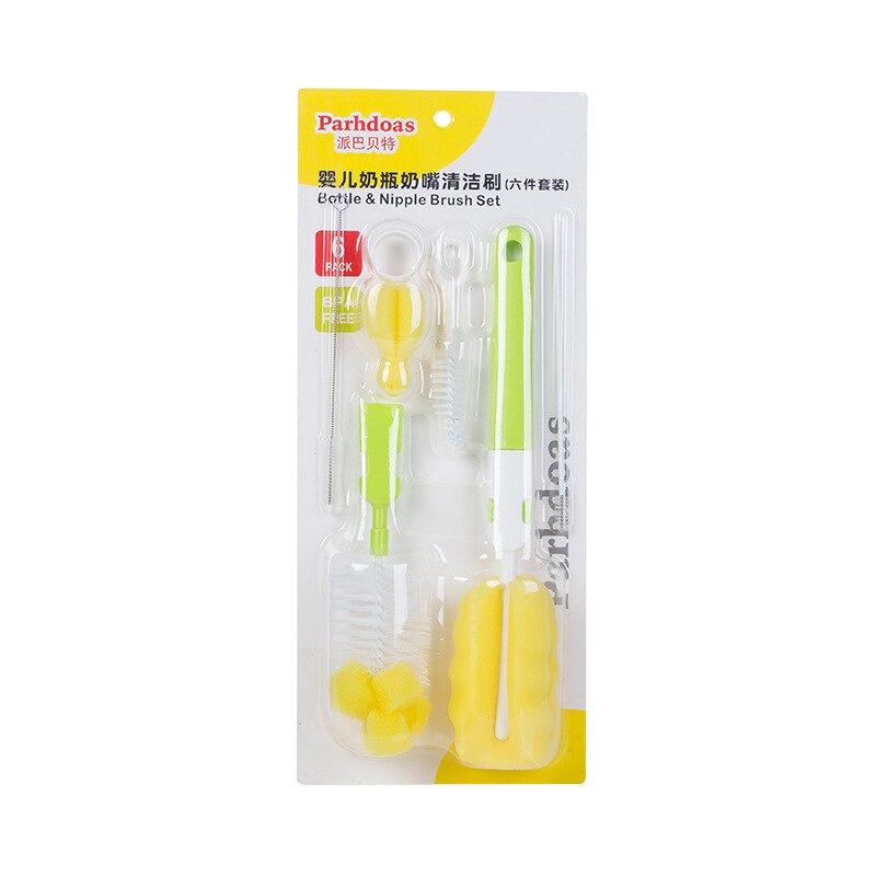 6PCS/ Set Baby Milk Feeding Bottle Brush Handle Portable Nylon and Sponge Tube Cleaner Dummy Nipple Pacifier Brushes: Green