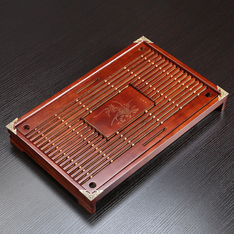 Bandeja de chá de madeira maciça conjunto de chá kungfu gaveta de drenagem de água chinesa bandeja de chá 43x27x5.5cm: Dark  red orichid