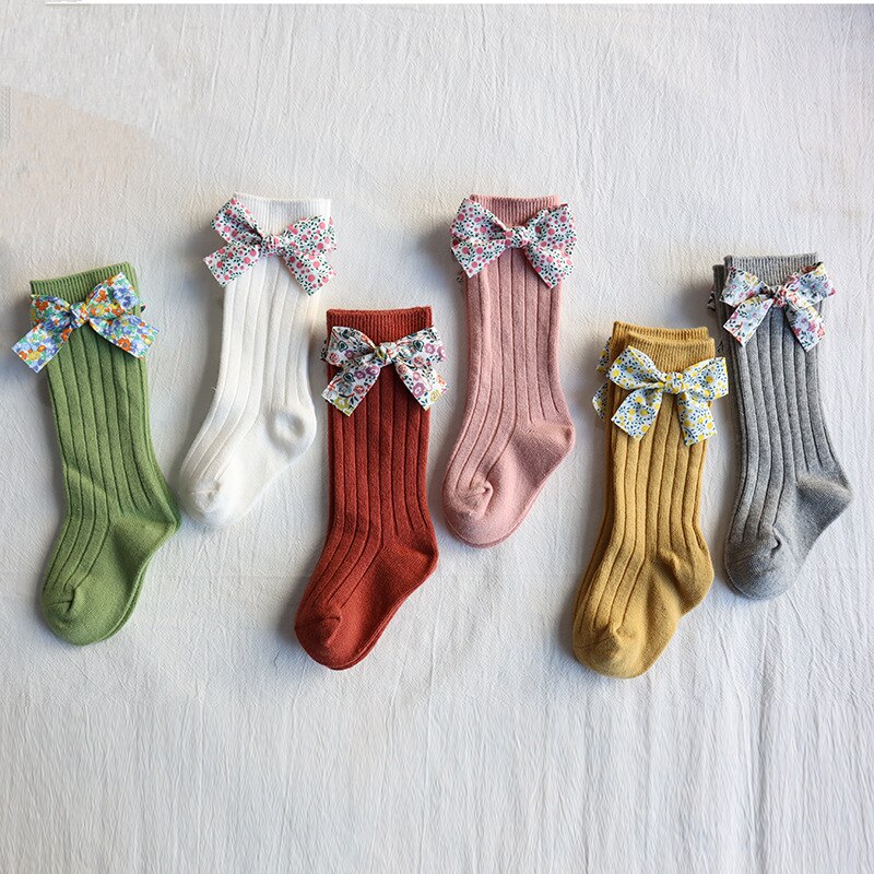 Chaussettes à fleurs pour bébés filles de 0 à 5 ans, longues et hautes, avec rayures en coton doux, Style princesse