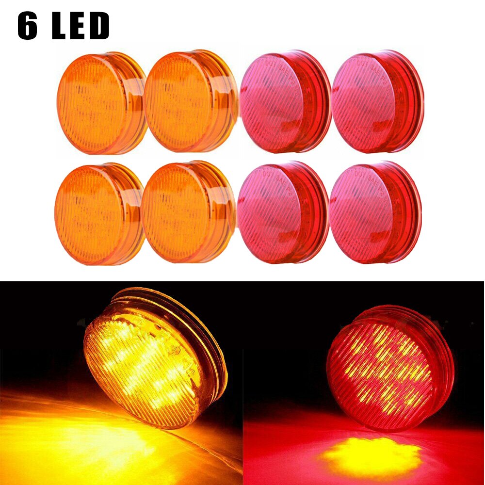 8pcs/Set Brand And Red+Amber 2-Inch Round 6LED Side Marker Light Trailer Lamp Universal