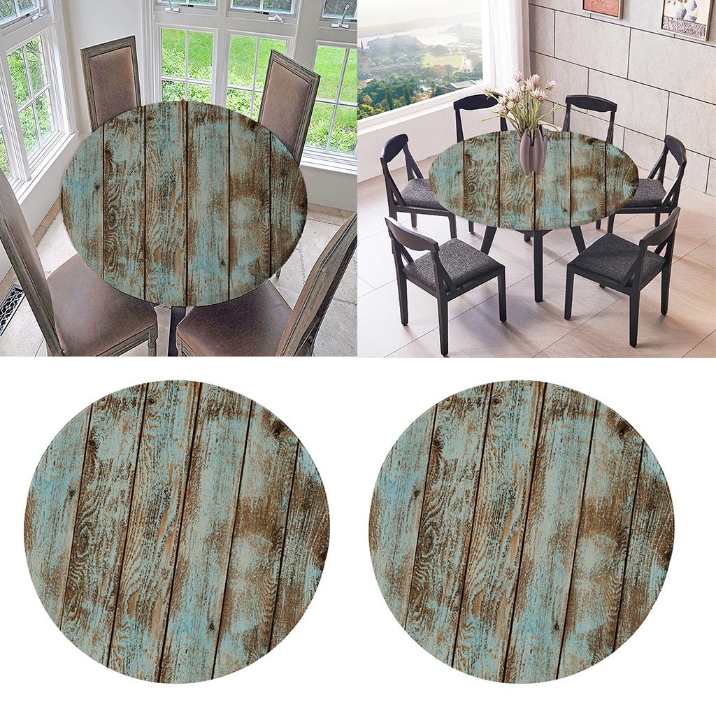 2 Pcs Tafelkleed Ronde 59 Inch Elastische Rand Voorzien Vinyl Tafel Dekken, Rustieke Shabby Houtnerf Patroon