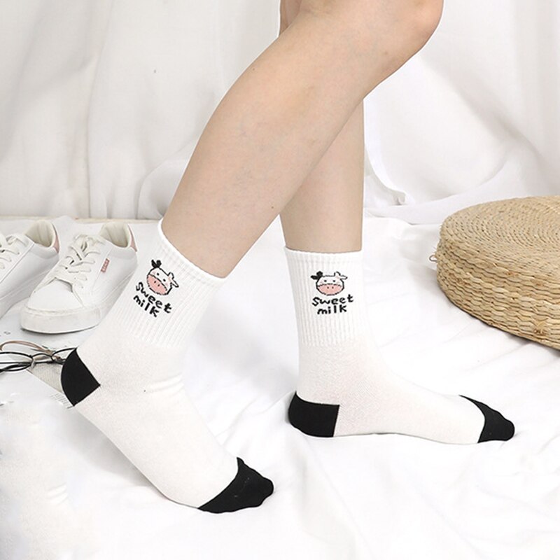 3 Pairs Socks Set Women's Socks Cow Print Ins Black And White Lovely Versatile Socks Stripes