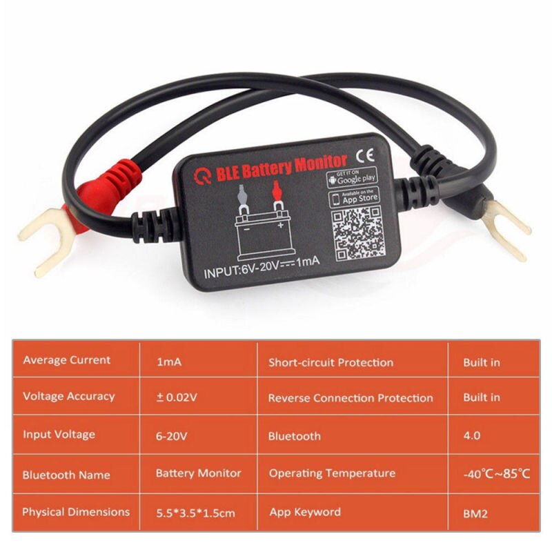 BM2 Battery Monitor Bluetooth Device 12V Battery Tester Analyzer Tool for All 12V Vehicle Boat Solar Battery Diagnostic Tool