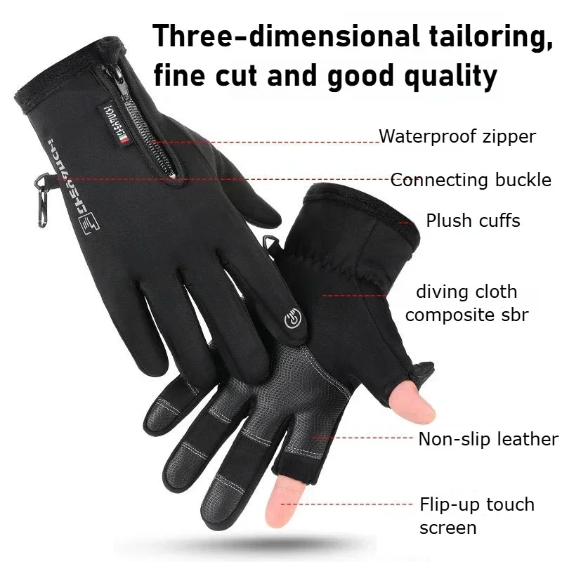 Gants de pêche imperméables d'hiver, 2 doigts, coupe-vent, pour femmes et hommes, Protection chaude en velours, gants de pêche au poisson