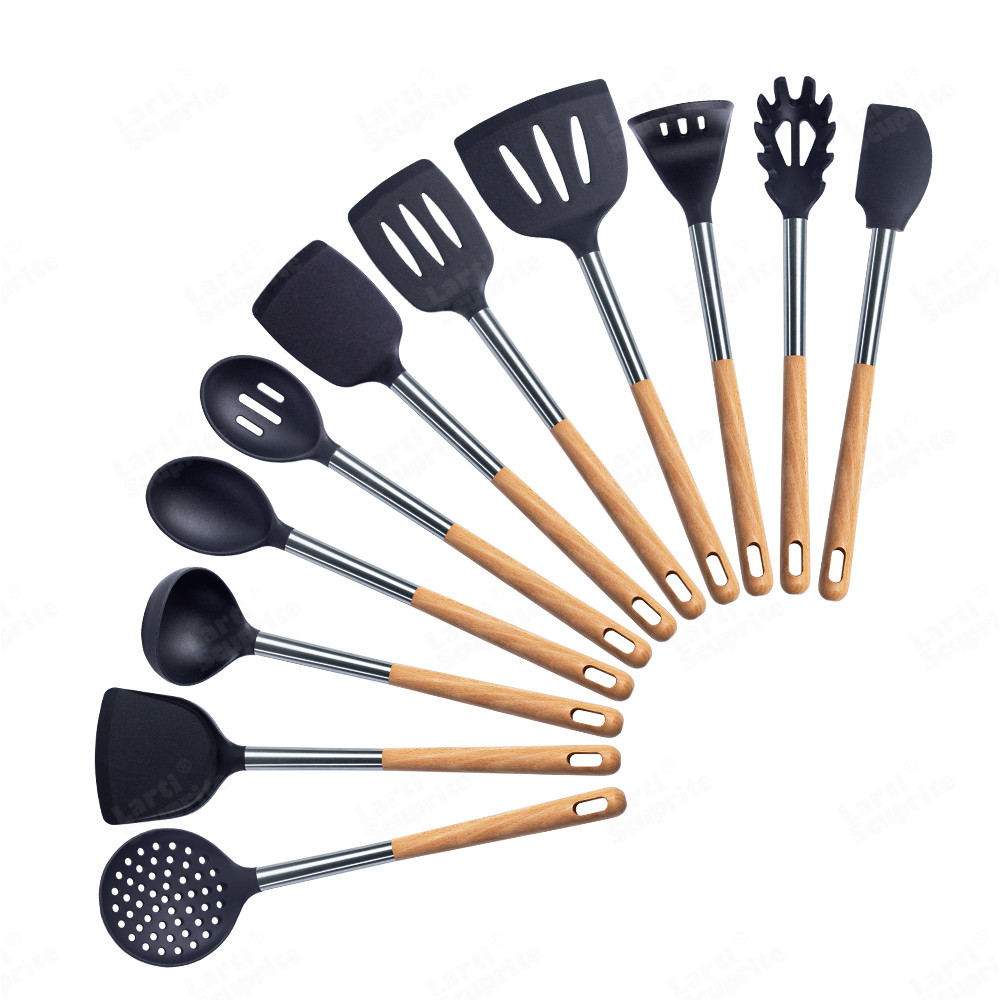 Kit d'ustensiles de cuisine en Silicone, ensemble d'outils de cuisine, accessoires allongés manche en bois massif, spatule cuillère Kit avec ustensiles de rangement: B11