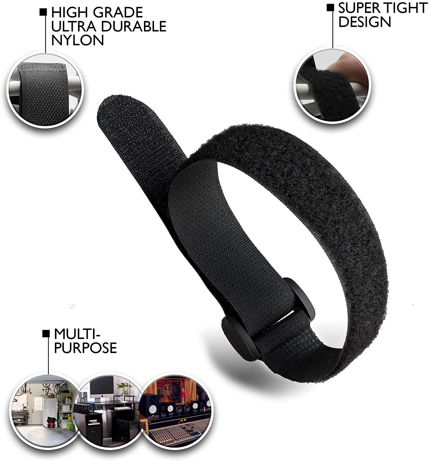 Sangles de câble réutilisables, 10 pièces, sangles de fixation à crochet et boucle de polyvalente, attaches de câble réglables, en Nylon noir, largeur 2.5cm