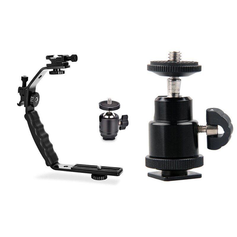 Aluminium Alloy Mini Ball Head 1/4inch Mount with Flash Shoe with L Bracket Padded Handheld Holder L Brackets