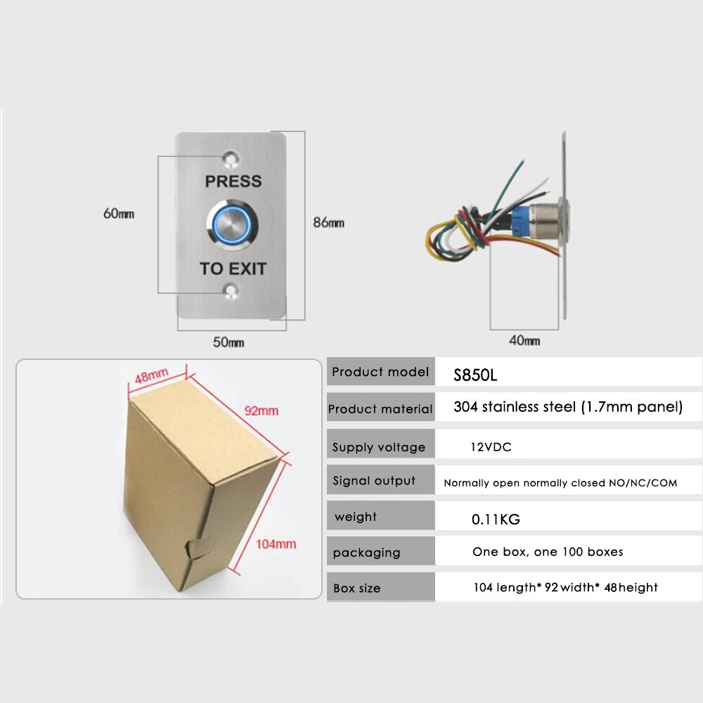 Stainless steel door Release Switches Exit button Press To Exit Button Suitable For Door Access Control System Kit S850L