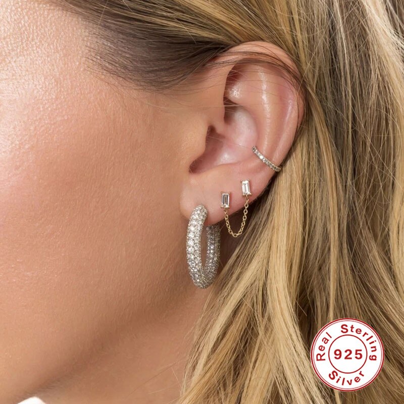 CANNER-Pendientes de plata esterlina 100% 925 para mujer, aretes de cadena larga con dos circonitas, Piercing, joyería, 1 ud.