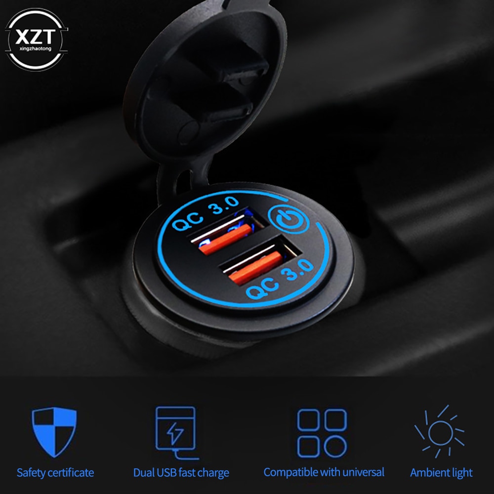 12v/24v 36w qc 3.0 2 usb lader stikkontakt berøringsbryter vanntett universal bil truck lade sokkel for telefon nettbrett kamera gps