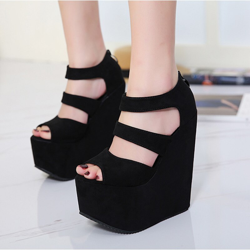 17cm høje hæle platform wedges sko til kvinder damer sorte højhælede sko sommernat fest dame højhælede sandaler