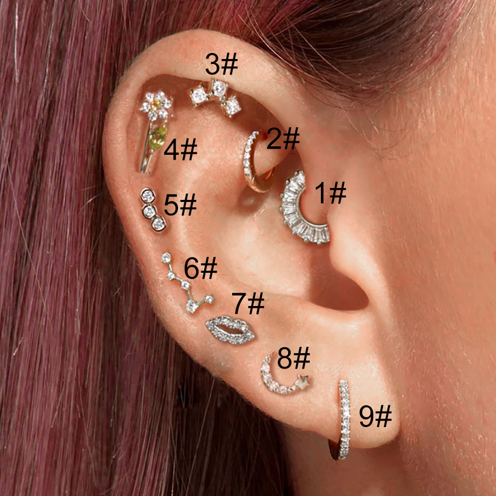 1PC Helix Piercing Earring For Women Flower Star Cartilage Ear Piercing Tragus Hoop Earring Stainless Steel Crystal Jewelry: GRAY / Platinum Plated