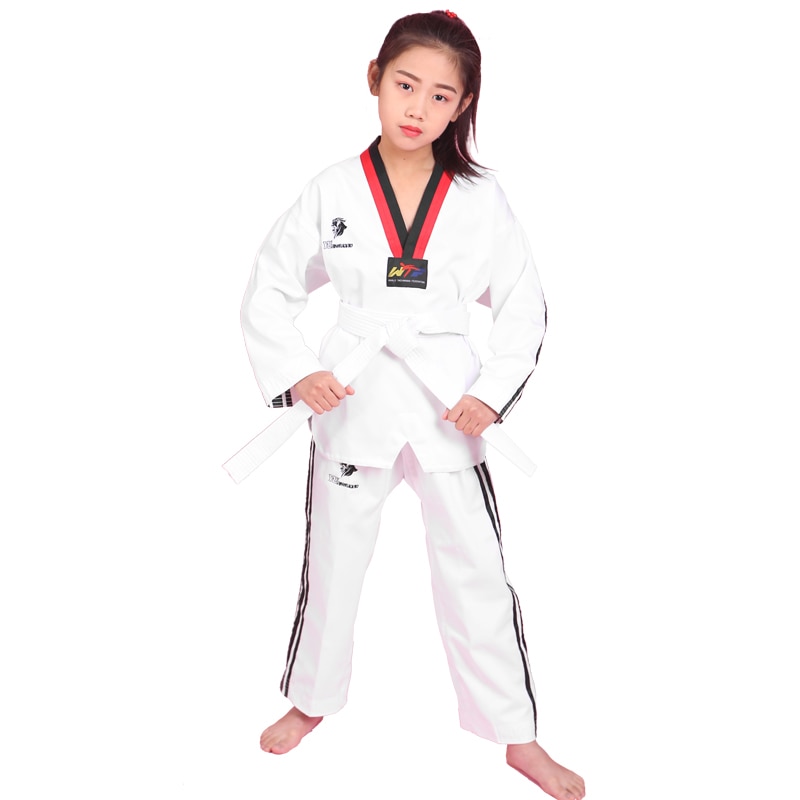 Man Vrouw Kind Kids Wit Dobok Taekwondo Judo Uniformen Karate Lange Mouw Pak Tkd Kleding Rood Zwart Borduurwerk Patroon