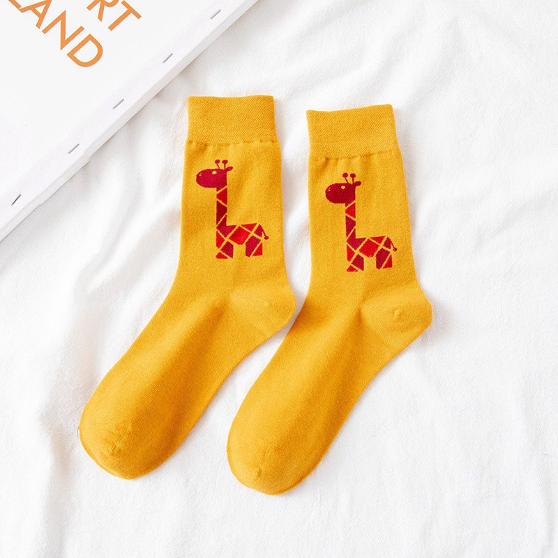 Calcetines largos de algodón con dibujos de animales y jirafa para mujer, para Otoño e Invierno: yellow