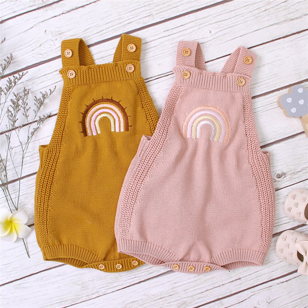 3-24M Pasgeboren Baby Jongen Meisje Mouwloze Backless Rainbow Breien Trui Romper Jumpsuit Een Stukken Warme Herfst Kleding