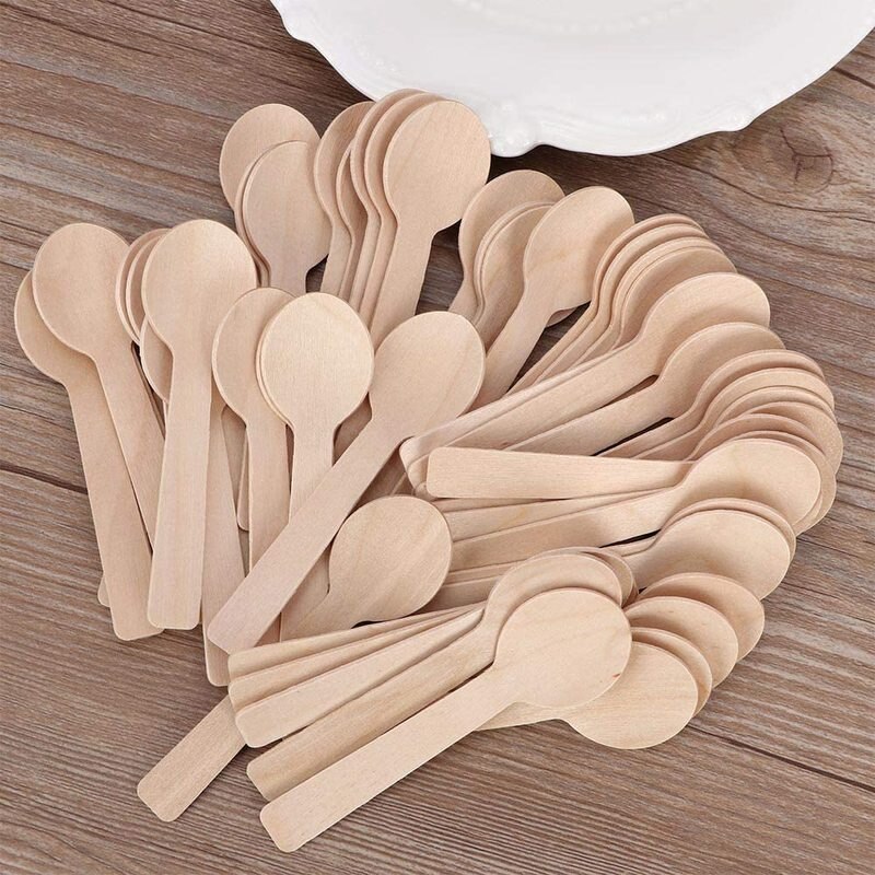 100Pcs Houten Lepels Mini Ijs Dessert Lepels Biologisch Afbreekbaar Gebruiksvoorwerp Lepel Verjaardag Bruiloft Keuken Servies