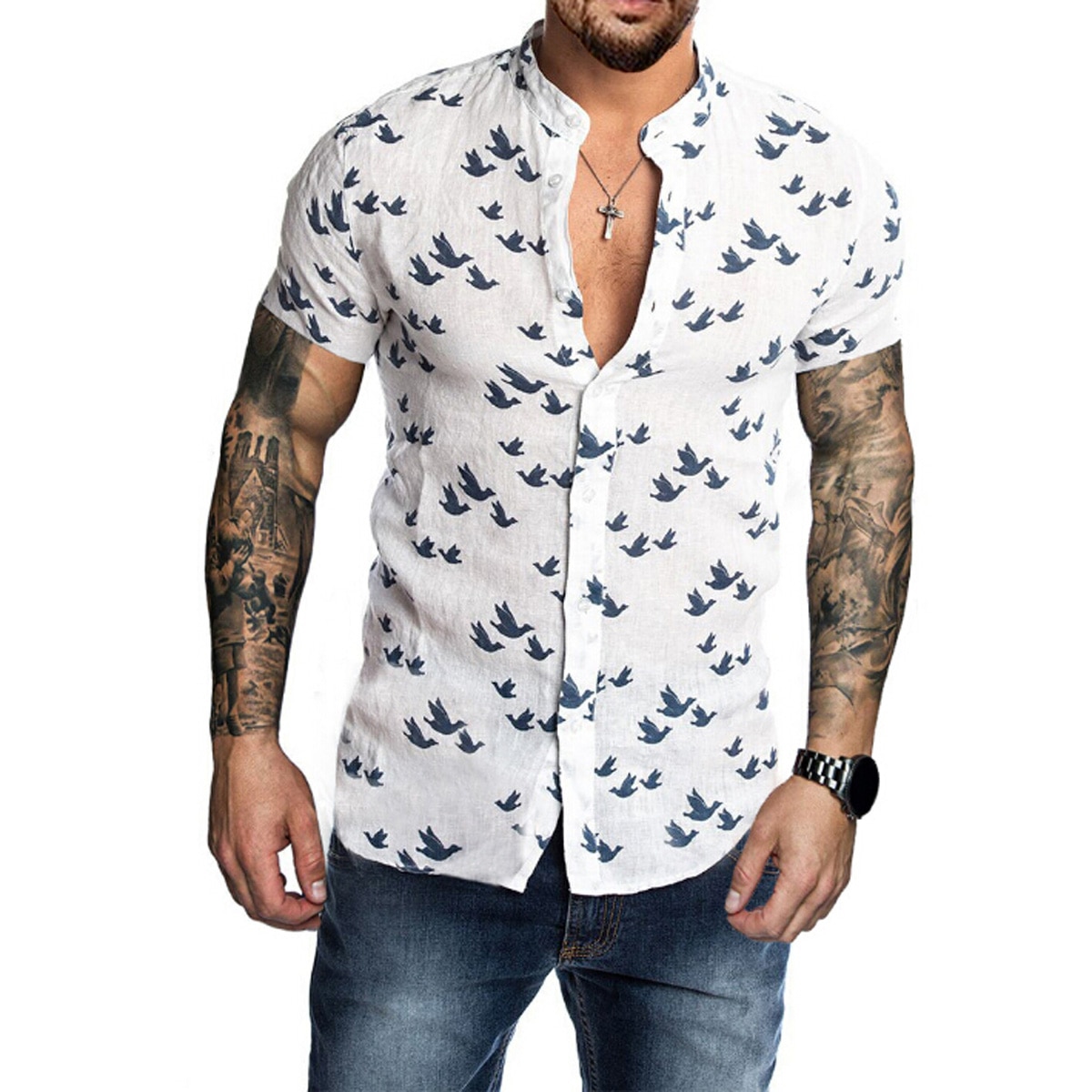 Sommer skjorter med korte ærmer til mænd med tryk overdele herre slim fit knap foran skjorter fugle mønstertryk bluse afslappet skjorter toppe: Hvid / M