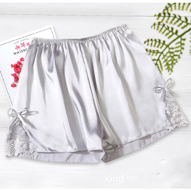 Satin Kitten Silky Elastic Waist Women Men Home Sleep Tracksuit Bottom Short Pants Pajama Nightwear Shorts: silver-bowknot