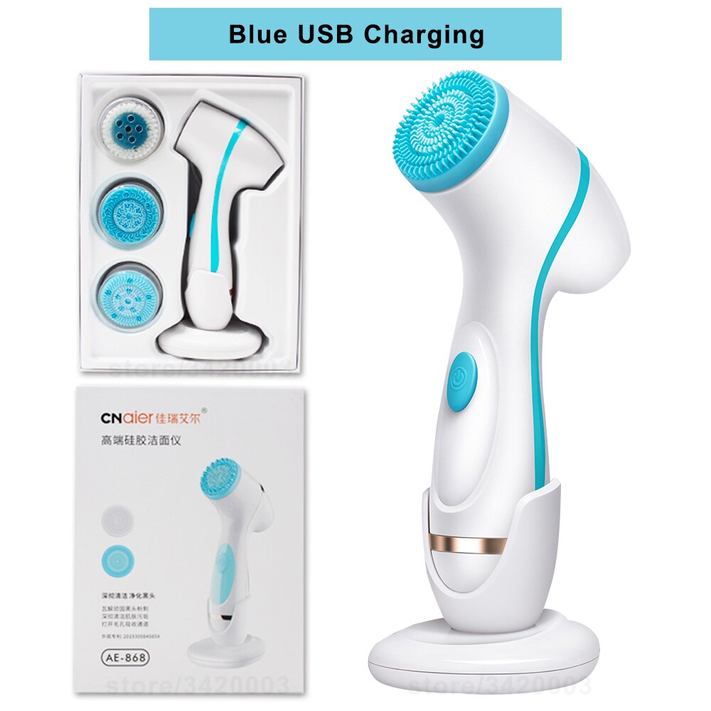 Elektrisk ansiktsrengöring 3 i 1 silikon mjuk borste usb uppladdningsbar ansiktstvätt massager borstar utbyte skönhetsmaskin: Blå