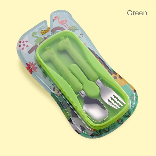 Beeshum Infant Feeding Spoon Fork Baby Gadgets Tableware Set Children Cartoon Utensil Stainless Steel Toddler Dinnerware Cutlery: Green