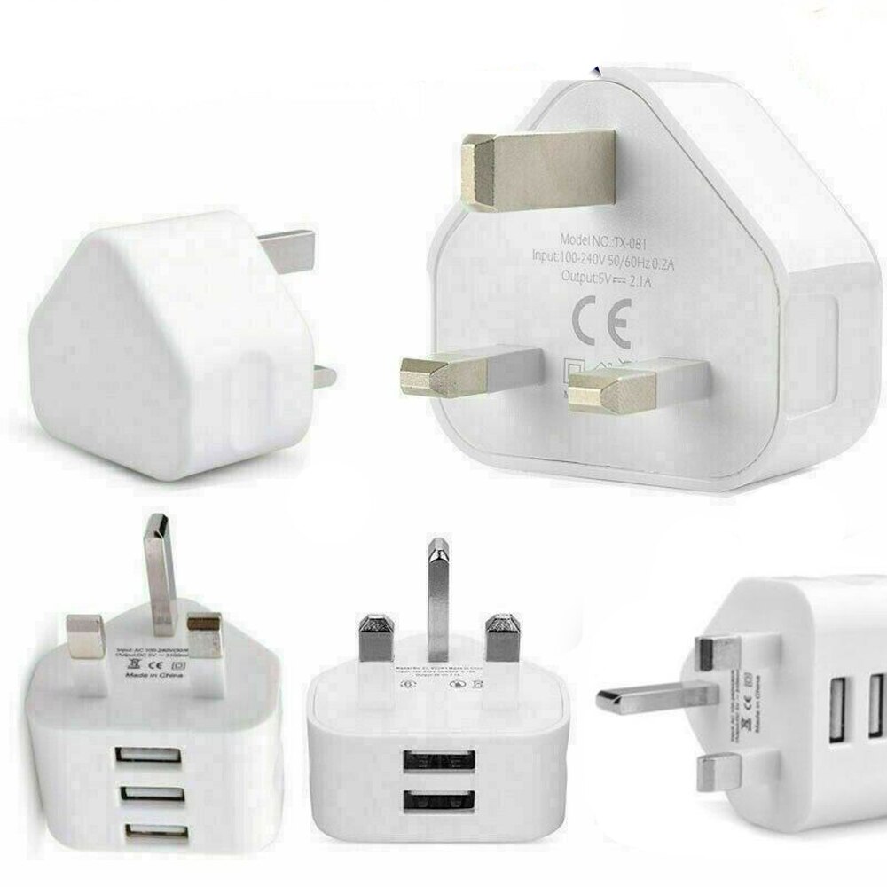 UK Plug Double USB 3USB Adapter Mains 3 Pin Plug USB Adaptor Wall Charger Travel Charging Cable 5V2 For Apple/Tablets
