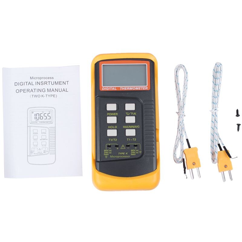 3 1/2 6802 II Dual Channel Digital Thermometer 1300°C 2372°F with 2 K-Type Thermocouple Sensor Probe Orange+Black