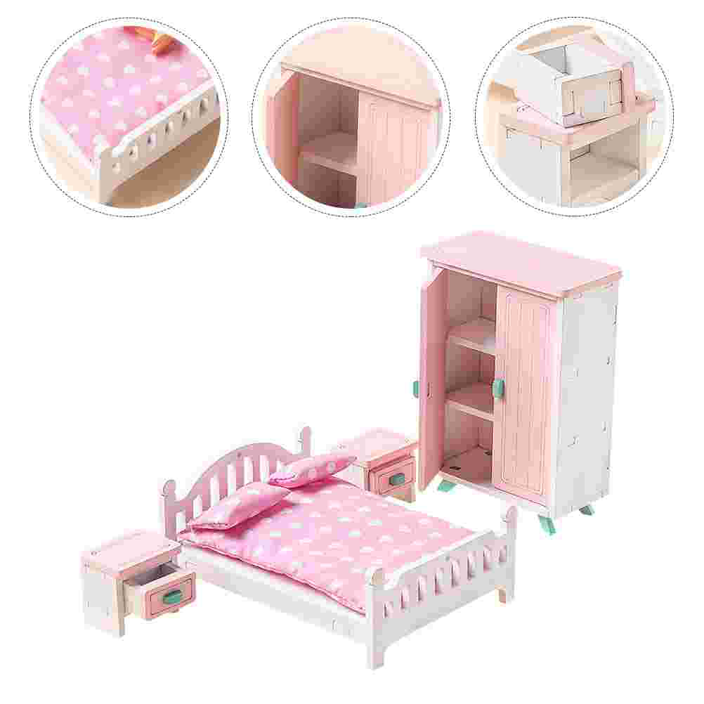 1 Set Mini Furniture Model Doll House Bedroom Layout Bed Wardrobe Nightstand
