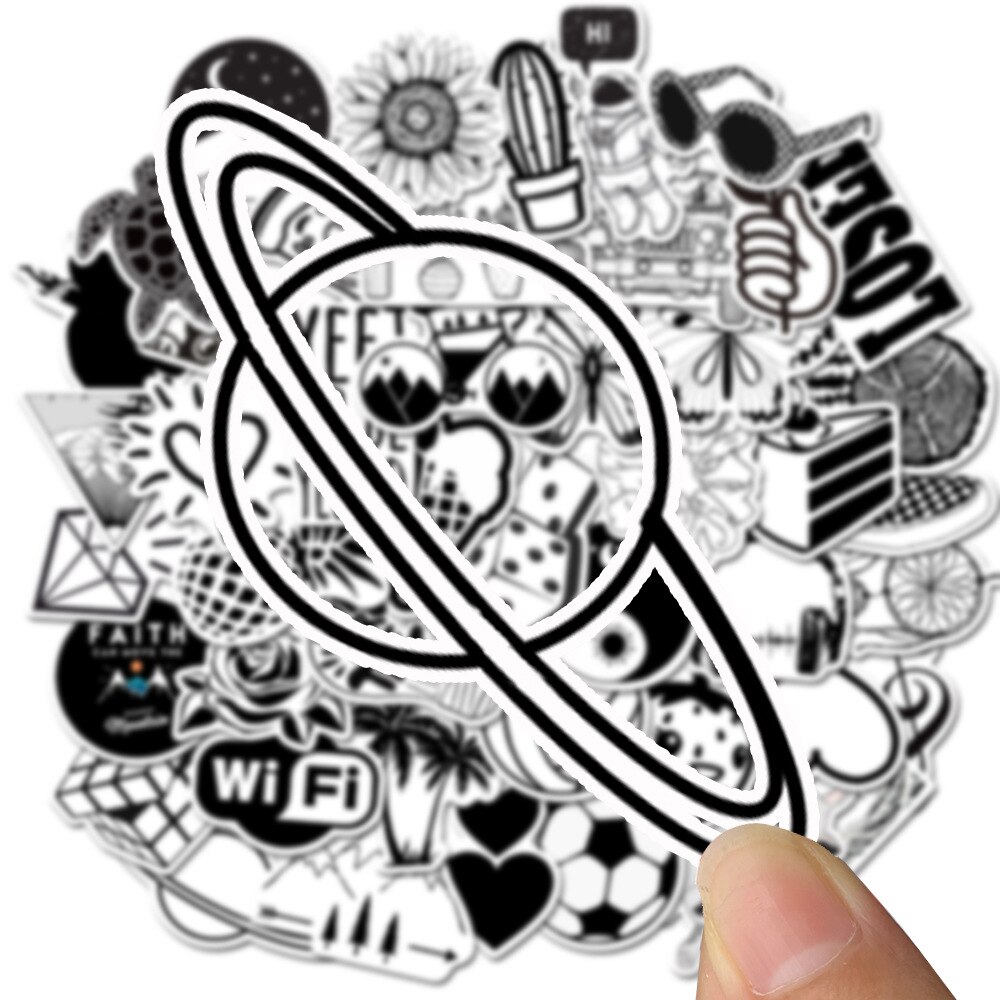 50pcs Black and White Cartoon Stickers Kids Luggage Notebook Laptop Sticker Skateboard Suitcase Decals For Computer Sticker