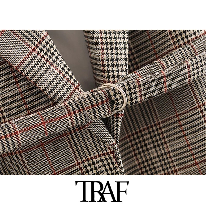 Traf kvinner vintage stilig kontorklær rutete blazerkåpe langermet med belte kvinnelig yttertøy elegante topper