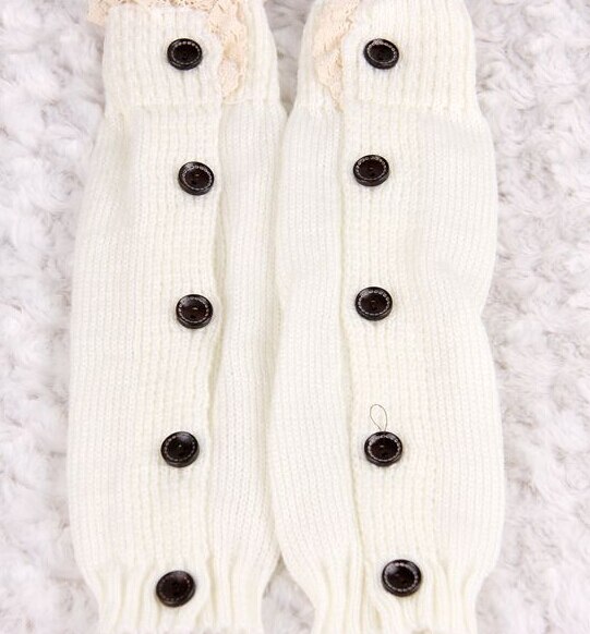 Piger børn trendy strikket knap blonder benopvarmere trim boot manchetter sokker: Hvid
