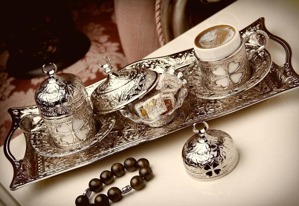 Handmade authentic Turkish Greek Arabic Coffee Espresso Set for 2 Service, Cups Saucers Lids Tray Delight Candy Dish: Coffee Set