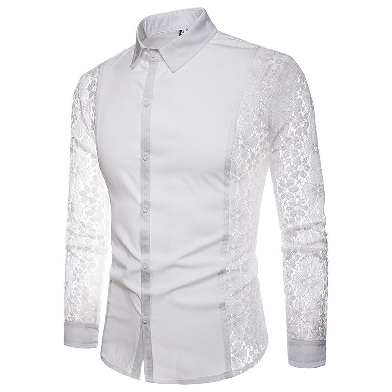 Ffxzsj mænd casual skjorter efterår blonder ærmer bomuld herre langærmet skjorte casual hvid sort dress skjorter: Hvid / S