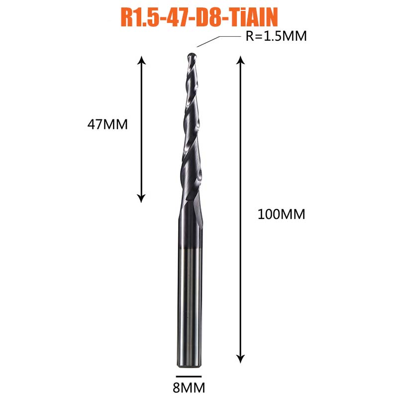 1 Pcs Tungsten Vhm Gecoate Taper Ball Nose Cnc Frezen Frezen Voor Hout En Snijders Voor Metalen end Mill: R1.5-47-D8-100