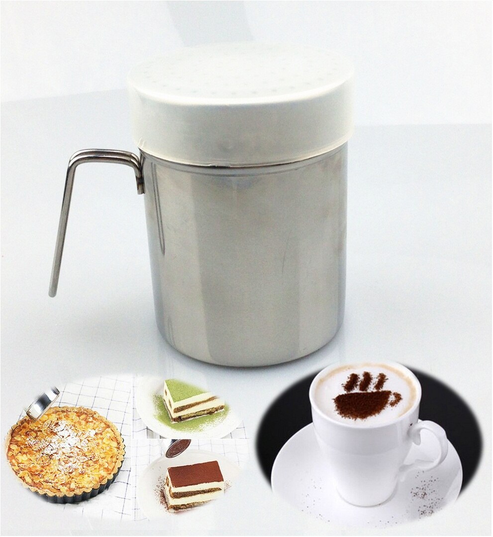 Mjölshaker i rostfritt stål med handtag bakverktyg pulversikt för tårta pizza cupcake kakao glasyr cappuccino kaffe