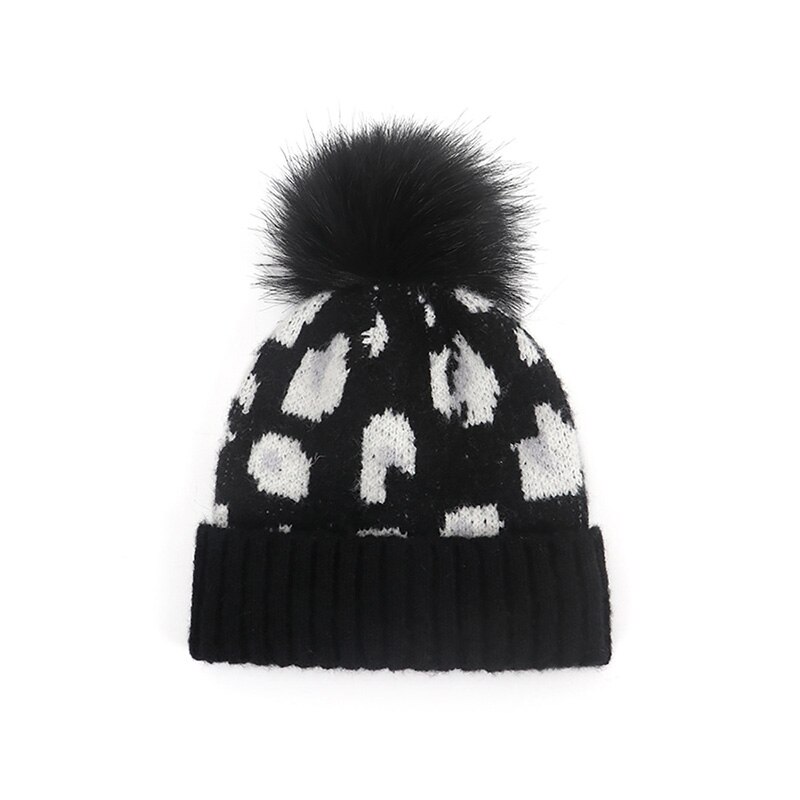 Pompom baby hatt leopard tryckt barn flicka pojke höst vinter mössa mössa mjuk stickad varma barn småbarn mössor keps: Svart
