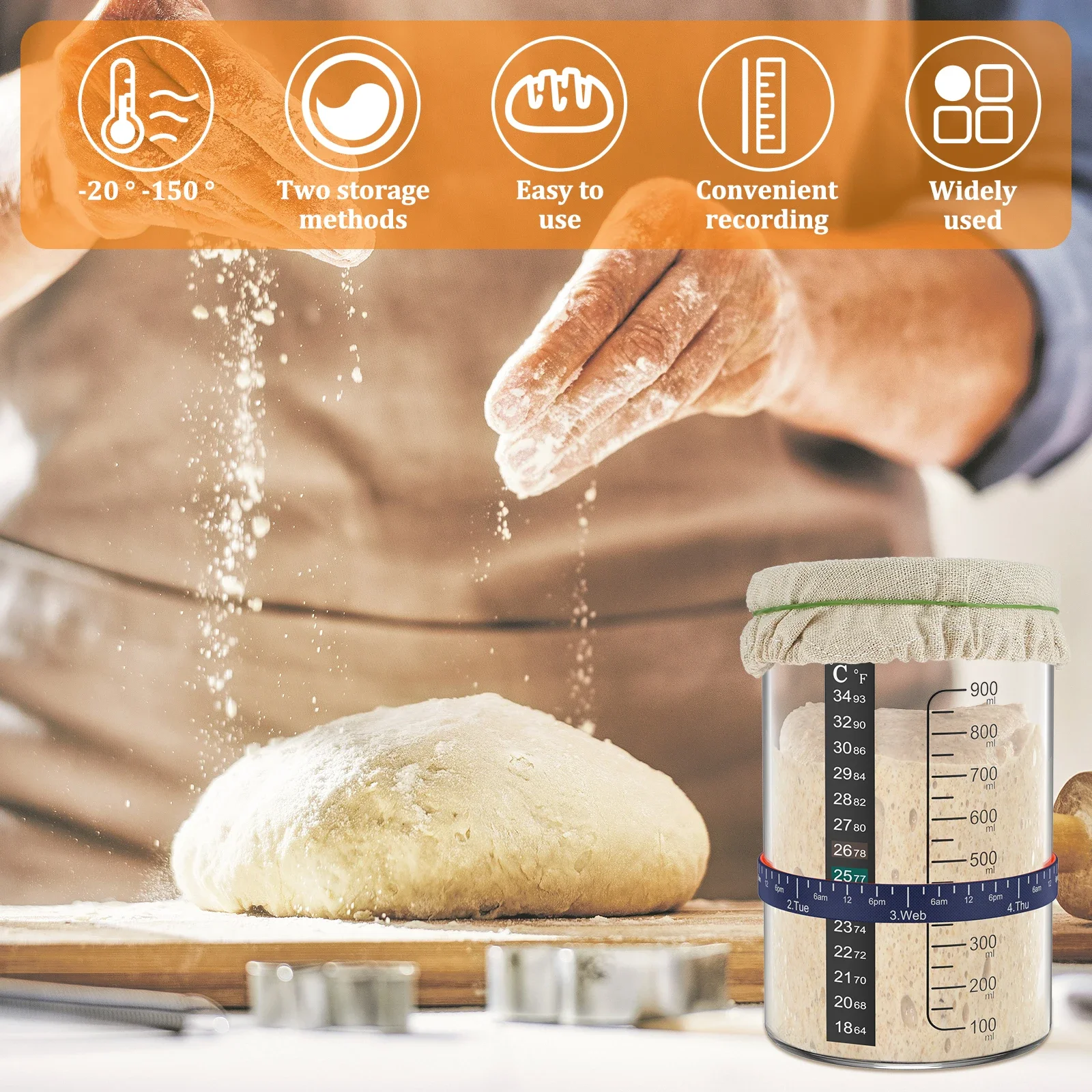 Sourdough Starter Jar 900ml Sourdough Starter Container with Spatula Feeding Band Reusable Glass Sourdough Fermentation Jar