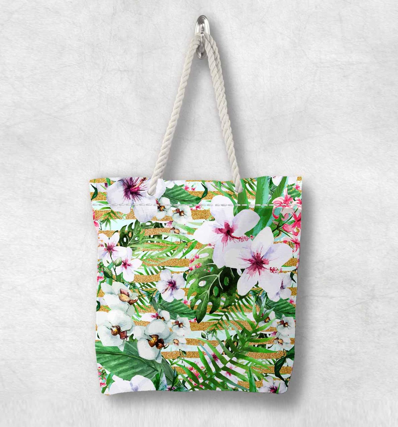 Else hojas verdes tropicales flor blanca púrpura cuerda blanca bolsa de lona con asa de algodón lona con cremallera bolso de hombro