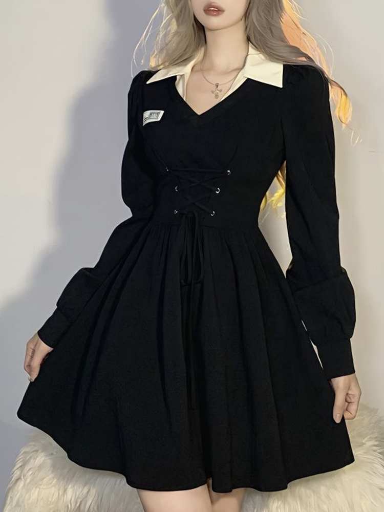 Zoki koreansk oversize 4xl sort kjole til kvinder snørebånd preppy kjole afslappet retro minikjole med a-linje og nedadgående krave: L