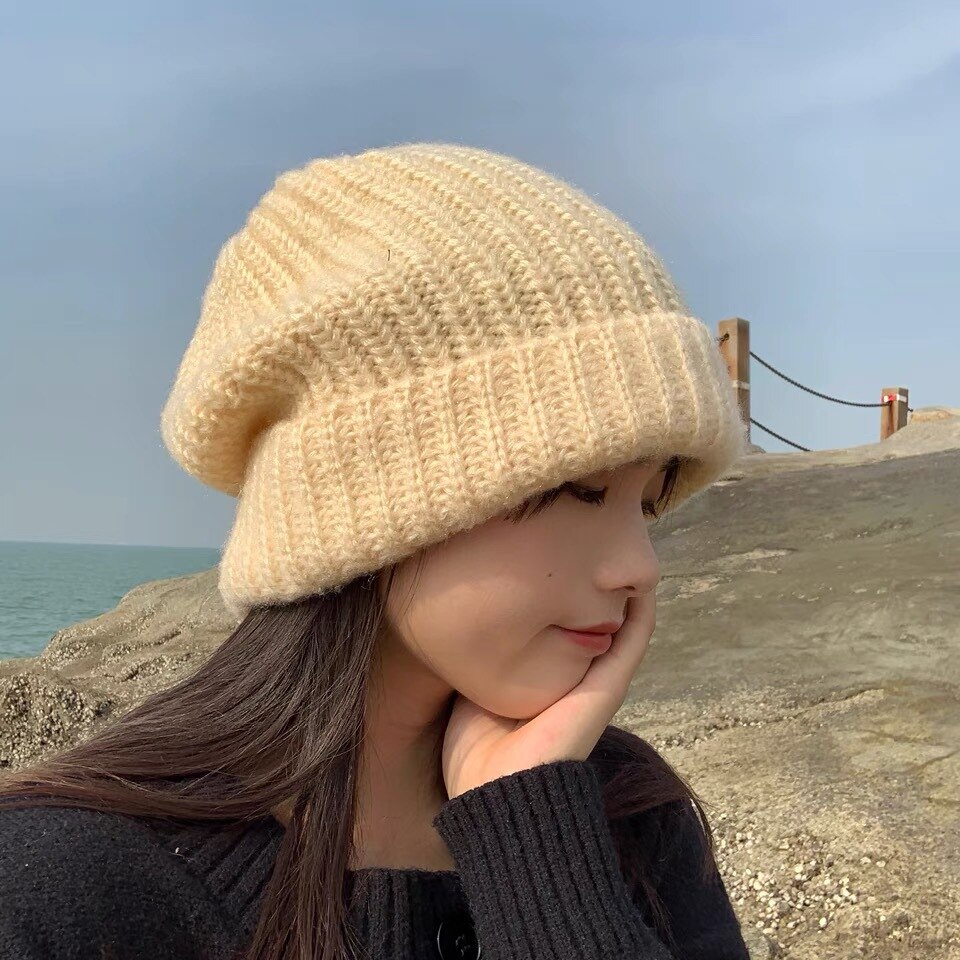 Sombrero de lana japonés para mujer, gorro de punto coreano que combina con todo, orejeras cálidas, GORRA DE PELO SUELTO grande, Gorros Casuales